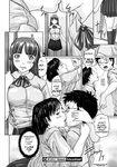  2girls breasts comic giri_giri_sisters greyscale highres kisaragi_gunma kiss large_breasts monochrome multiple_girls school_uniform translated 