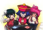  3girls animal_ears beyblade blue_eyes breasts capcom cat_ears character_request cheongsam chi-yun_li china_dress chinese_clothes chou_mao darkstalkers dress green_hair hsien_ko lei_lei mariah_wong mei_mei mei_mei_(beyblade) metal_fight_beyblade multiple_girls pink_hair purple_eyes source_request temenniguru vampire_(game) yellow_eyes 