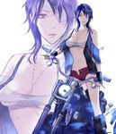  bandages blue_hair breasts cleavage eyepatch ground_vehicle highres koutarou_(farthest) large_breasts motor_vehicle motorcycle navel open_fly original red_eyes shorts solo torn_clothes underboob unzipped zoom_layer 