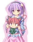  braids cheek_pinch chibi hairband heart kaenbyou_rin kemonomimi komeiji_satori luna_(gunfire) purple_eyes purple_hair red_hair short_hair touhou twin_braids 