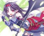  antenna_hair bare_shoulders black_hair fingerless_gloves gloves hairband kodama_yuu long_hair open_mouth pointy_ears red_eyes sheath solo sword sword_art_online weapon wings yuuki_(sao) 