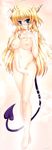  absurdres barefoot blonde_hair blue_eyes blush breasts collarbone demon_horns demon_tail full_body groin hands_on_own_chest heart heart_tail highres horns ilgit_nightmare large_breasts long_hair looking_at_viewer mare_mare_mare maruchan. masturbation navel nipples nude pussy_juice solo standing steam stomach tail 