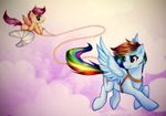  blue_fur crossover cub cutie_mark disney equine female feral friendship_is_magic fur hair harness horse mammal multi-colored_hair my_little_pony pegasus pink_eyes pink_hair pony rainbow_dash_(mlp) rainbow_hair rizcifra scootaloo_(mlp) talespin wings young 
