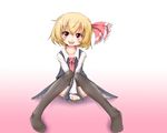  black_legwear blonde_hair blush dress hair_ribbon highres nekotama_shun open_mouth red_eyes ribbon rumia short_hair sitting skirt skirt_tug smile solo thighhighs touhou v_arms 