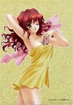  beer cleavage kimizuka_aoi red_hair screening towel yellow_towel 