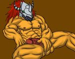  abs anthro balls biceps big_balls big_penis claws digimon dragon dripping green_eyes hair helmet horn leaking looking_at_viewer male mask muscles nipples nude pecs penis plain_background pose precum presenting red_hair scales scalie sitting solo spread_legs spreading unknown_artist vein wargreymon 