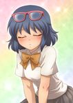  blue_hair blush closed_eyes eyewear_on_head glasses inazuma_eleven inazuma_eleven_(series) incoming_kiss maron_(quintet_colors) otonashi_haruna school_uniform short_hair solo 