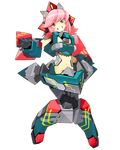  armor cosmic_break full_body grin highres knees_touching lace mecha_musume navel official_art pink_eyes pink_hair short_hair smile solo transparent_background wakaba winberrl 