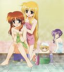  arisa_bannings barefoot bath bath_stool blonde_hair blue_towel blush brown_hair covering fate_testarossa green_towel kneeling long_hair lyrical_nanoha mahou_shoujo_lyrical_nanoha mahou_shoujo_lyrical_nanoha_a's multiple_girls naked_towel nude_cover okuda_yasuhiro open_mouth pink_towel purple_eyes purple_hair red_eyes scan sitting smile soap_bottle stool takamachi_nanoha towel towel_on_head tsukimura_suzuka very_long_hair washing_back 