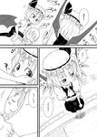  apologizing ascot bat_wings blush child comic dutch_angle embarrassed flandre_scarlet from_above ghost greyscale hair_over_eyes hand_on_another's_cheek hand_on_another's_face hat low_wings monochrome multiple_girls one_side_up ponytail remilia_scarlet short_hair single_wing skirt skirt_set slit_pupils smile sonson_(eleven) touhou translated wings 