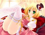  alternate_color archbishop bad_id bad_pixiv_id blonde_hair blush frilled_pillow frills green_eyes hat lace lace-trimmed_thighhighs legs_up lying minatsuki_alumi mini_hat mini_top_hat no_panties on_back pillow ragnarok_online short_hair solo thighhighs top_hat white_legwear 