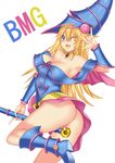  \m/ ass bad_id bad_pixiv_id bare_shoulders blonde_hair blue_eyes blue_footwear blush_stickers boots breasts character_name cleavage daive dark_magician_girl duel_monster fang hat highres large_breasts long_hair no_panties one_eye_closed pentacle pentagram simple_background solo wand yuu-gi-ou yuu-gi-ou_duel_monsters 