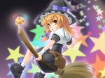  adapted_costume bag blonde_hair boots broom broom_riding buckle grin hat kirisame_marisa mushroom sidesaddle smile solo star touhou wapokichi witch_hat yellow_eyes 