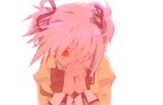  bow drawr hair_ribbon hands_clasped kaname_madoka mahou_shoujo_madoka_magica oekaki own_hands_together pink_hair red_eyes ribbon school_uniform short_twintails simple_background solo tears twintails wato_samirika white_background 