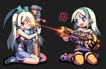  armor bail battle beam blonde_hair blue_eyes cosplay gun hair_ribbon hairband homeworld homeworld_2 long_hair multiple_girls personification pointy_ears red_eyes ribbon simple_background space_craft tears thighhighs weapon wince 