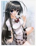  :o absurdres black_hair blue_eyes blurry bow bowtie food from_above highres kanokon koin_(foxmark) licking looking_at_viewer looking_up melting minamoto_chizuru open_mouth plaid plaid_skirt popsicle red_bow red_neckwear scarf school_uniform shirt short_sleeves sitting skirt wariza white_shirt 