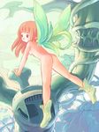  fairy long_hair looking_away nude original plant pointy_ears red_eyes red_hair solo tougetsu_gou watering_can wings 