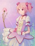  bad_id bad_pixiv_id bow buttons dress flower gloves hair_bow hiko_(scape) kaname_madoka looking_at_viewer mahou_shoujo_madoka_magica pink_dress pink_eyes pink_hair plant red_bow rose short_hair solo thorns twintails white_gloves 