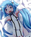  blue_eyes blue_hair chain collar elbow_gloves gloves long_hair nymph_(sora_no_otoshimono) open_mouth outstretched_arms solo sora_no_otoshimono suikasan thighhighs twintails white_gloves 