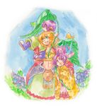  2boys bird blonde_hair bud_(lom) child cloak flower green_eyes hat leaf legend_of_mana lisa_(lom) mihoka multiple_boys purple_eyes purple_hair robe seiken_densetsu toto_(lom) 