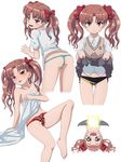  barefoot blush bow brown_eyes brown_hair censored feet hair_ribbon hands high_res kemeko_deluxe legs lowleg_pantsu mameshiba_(artist) open_mouth oshiri pantsu parody ribbon school_uniform shirai_kuroko side-tie_panties skirt_lift solo to_aru_kagaku_no_railgun to_aru_majutsu_no_index twin_tails 