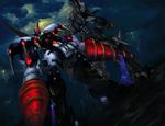  cloud dark drill dutch_angle dygenguar faux_traditional_media glowing glowing_eyes highres jian_huang mecha no_humans super_robot_wars super_robot_wars_original_generation thrudgelmir 