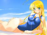  ahoge blonde_hair competition_swimsuit green_eyes lying on_side one-piece_swimsuit orion_(orionproject) rance5d rance_(series) rizna_lanfebit single_vertical_stripe solo swimsuit wallpaper 