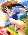  :d absurdres ball blush breasts brown_hair cleats copyright_request green_eyes hair_ribbon highres kicking long_hair medium_breasts misakura_nankotsu open_mouth ponytail ribbon shorts smile soccer_ball soccer_uniform solo sportswear very_long_hair wristband 