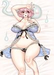  arm_up babydoll bed blush breasts chubby erect_nipples fat hand_on_chest huge_breasts jon_henry_nam large_breasts lingerie lying myon navel nipples on_back open_mouth oppai paipan pantsu pink_hair plump red_eyes saigyouji_yuyuko short_hair solo touhou transparent_clothing 