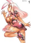  1girl animal_ears bare_legs blue_eyes blush_stickers breast_grab breasts bunny_ears f.s. grabbing highres large_breasts melona pink_hair prehensile_hair queen's_blade revealing_clothes scan slime solo 