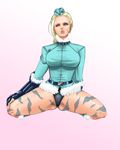  blonde_hair body_paint bodypaint braid breasts cammy_white capcom coat female fingerless_gloves full_body gloves gradient gradient_background green_eyes hat long_hair replihoney scar sitting solo street_fighter thighs white_background 