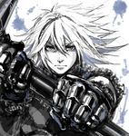  angry artist_request blue blue_eyes gauntlets male_focus monochrome nier nier_(series) nier_(young) solo weapon 