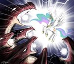  battle cutie_mark dragon equine female feral friendship_is_magic glowing_eyes hail_hydra hair horn hydra john_joseco magic mammal multi-colored_hair my_little_pony pegacorn princess_celestia_(mlp) rainbow_hair royalty white_body winged_unicorn wings 