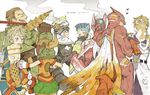  6+boys antonio_lopez bandages bare_shoulders barnaby_brooks_jr blonde_hair blue_hair blue_rose_(tiger_&amp;_bunny) brown_hair cat dragon_kid fire_emblem_(tiger_&amp;_bunny) helmet huang_baoling ina_(gonsora) ivan_karelin kaburagi_t_kotetsu karina_lyle keith_goodman laughing multiple_boys multiple_girls open_mouth origami_cyclone polearm power_armor power_suit purple_eyes rock_bison shorts sky_high spandex superhero tiger_&amp;_bunny weapon wild_tiger 