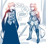  2018 animal_humanoid anthro armor breasts canine cape clothed clothing crossover dialogue duo english_text female fur hair hi_res holding_object holding_weapon humanoid hunters_of_salamanstra keidran kessah mammal melee_weapon monochrome natani plantigrade robe simple_background sketch sword text tom_fischbach twokinds weapon webcomic white_background wolf wolf_humanoid 