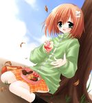  autumn_leaves black_legwear brown_hair canvas_(cocktail_soft) cloud day dutch_angle food green_eyes hair_ornament obentou open_mouth sakurazawa_izumi short_hair sitting socks solo tachibana_amane tako-san_wiener tree wariza 