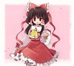  bad_id bad_pixiv_id biyon bow brown_hair detached_sleeves dress hair_bow hair_tubes hakurei_reimu open_mouth outstretched_hand red_eyes ribbon smile solo touhou 