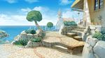  cloud day flower horizon house no_humans ocean original outdoors pavement plant pot potted_plant rock scenery sky stairs tower tree village 
