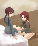 bed blush bow brown_hair closed_eyes commentary couple gertrud_barkhorn hair_bow kanata_(sentiment) kneeling long_hair minna-dietlinde_wilcke multiple_girls open_mouth red_hair sitting strike_witches world_witches_series yuri 