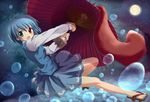  blue_eyes blue_hair bubble cloud flying francis_de_lariatte full_moon geta heterochromia karakasa_obake moon night night_sky red_eyes short_hair skirt sky smile solo tatara_kogasa tongue touhou umbrella 