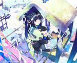  bell black_hair blue_eyes from_above house ice japanese_clothes looking_up original smile snow solo takano_kou winter 