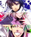  ai_(warekaku) black_eyes black_hair blood daijuuji_kurou demonbane doctor_west green_hair grin lip_piercing male_focus master_therion multiple_boys one_eye_closed piercing smile yellow_eyes 