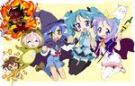  &gt;_&lt; 5girls 6+girls absurdres animal_costume anime_tenchou anisawa_meito balsamic_vinegar cherry_(lucky_star) chibi closed_eyes cosplay frog_costume glasses hatsune_miku hatsune_miku_(cosplay) highres hiiragi_kagami hiiragi_tsukasa holding_hands izumi_konata kusakabe_misao lucky_star mole mole_under_eye multiple_girls nagato_yuki nagato_yuki_(cosplay) non-web_source staff suzumiya_haruhi_no_yuuutsu takara_miyuki thighhighs third-party_edit vocaloid 