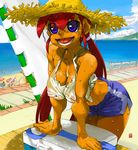  beach blue_eyes cooler dark_skin long_hair ocean oppai red_hair shorts smile sweat tank_top tanned transparent_clothing twin_tails water wet_clothes 