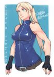  abs bare_shoulders belt blonde_hair blue_eyes bodysuit breasts character_name fingerless_gloves g-room_honten gloves halterneck impossible_clothes long_hair medium_breasts muscle muscular_female ponytail sarah_bryant solo toned upper_body virtua_fighter 