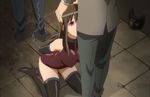  2men bdsm blush bondage chain dungeon forced_fellatio hands_behind_back hands_on_head iron_collar koe_de_oshigoto locks long_brown_hair on_knees red_eyes suits tears thigh_high_boots tiled_floor 