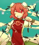  ;d bad_id bad_pixiv_id bandages bun_cover china_dress chinese_clothes double_bun dress face flower grin hands ibaraki_kasen one_eye_closed open_mouth pink_flower pink_rose red_eyes red_hair rose short_hair sky smile solo standing tabard tera touhou wrist_cuffs 