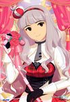  absurdres annindoufu_(oicon) cross-laced_clothes crown dress flower gloves hair_ornament hairband highres idolmaster idolmaster_(classic) long_hair microphone necktie official_art pantyhose plaid punkish_gothic red_eyes scan shijou_takane silver_hair vintage_microphone 