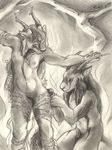  ankh antelope anthro breasts ear_piercing earring eyes_closed feline female flames greyscale horn horns lion male mammal monochrome necklace nipples nude penis piercing pussy scale scale_(artist) sketch 