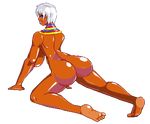  1girl all_fours ass blue_eyes breasts capcom dark_skin elena feet hanging_breasts huge_ass huge_breasts jewelry legs long_legs looking_back lowres naked necklace nude pixel_art shiny shiny_skin short_hair silver_hair simple_background solo street_fighter street_fighter_iii thighs white_hair 